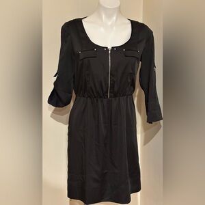 WHBM NWT Black Satin Long Tab Sleeves Dress Metal Zip Belt included. Sz 4